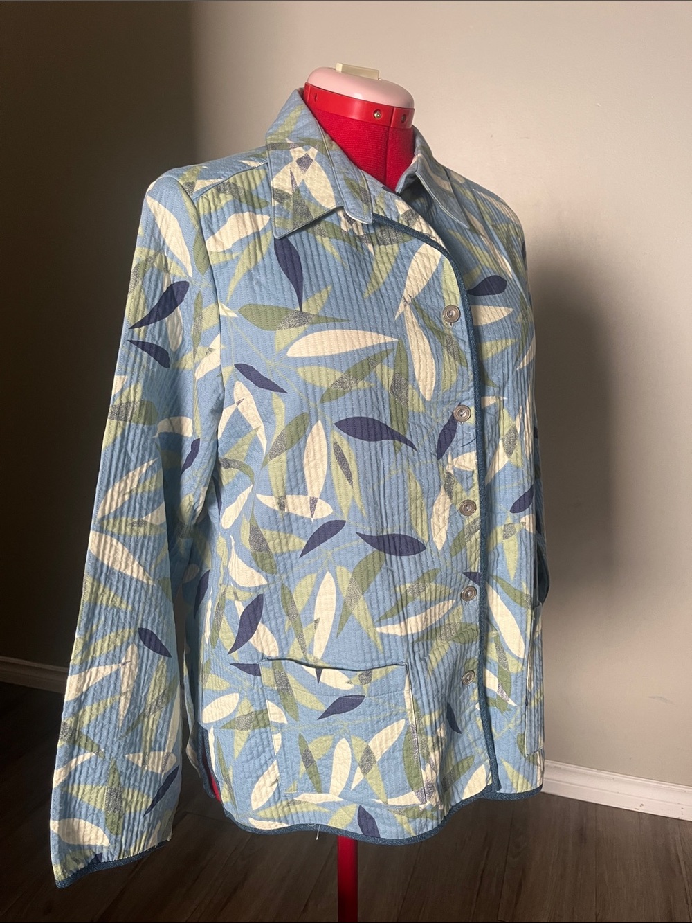 Alfred Dunner Quilted Light Blue Leaf-Print Button Jacket 100% Cotton